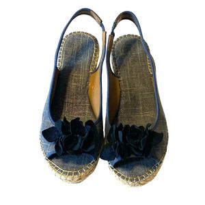 Clarks Women's Blue and Gold Denim Peep Toe Wedge Espadrilles Size 7